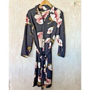 Indigo Rose Plus 3X Black Floral Long Sleeve Midi Dress Button Front Tie Waist